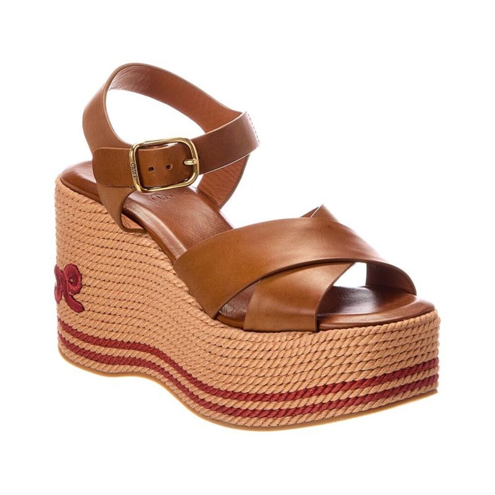 Chloé Sand Raffia & Leather Wedge Sandal, Brown